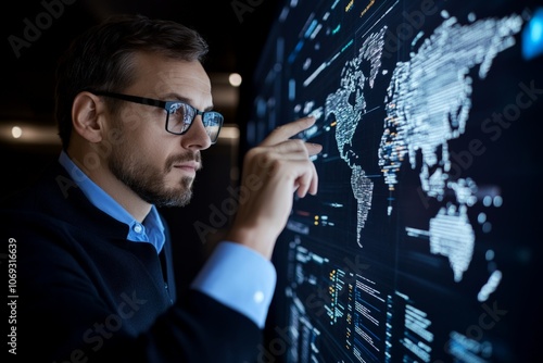 A focused individual examines a world map on a digital interface with data visualizations, symbolizing global connectivity and analytical prowess in technology.