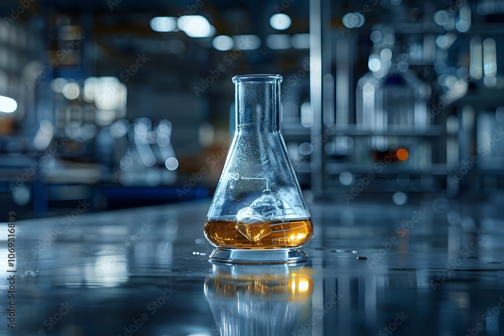 Laboratory Flask with Amber Liquid and Ice in a Modern Industrial Setting Laboratory Flask with Amber Liquid and Ice in a Modern Industrial Setting