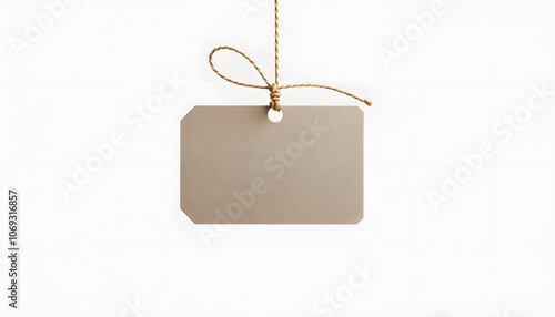 Blank tag tied with string. Price tag, gift tag, sale tag, address label isolated on soft grey background isolated with white highlights, png