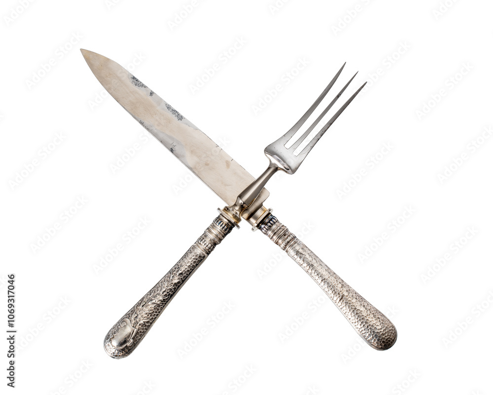 antique silver cutlery. knife and fork crossed. isolated white background antique silver cutlery. knife and fork crossed. isolated white background