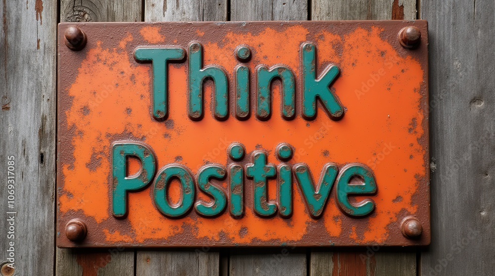 Inspirational message sign with think positive on rusty metal plate Inspirational message sign with think positive on rusty metal plate