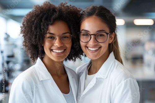 Two scientists, wearing white lab coats, smile warmly at the camera, embodying teamwork, positivity, and expertise within a bright laboratory environment. photo