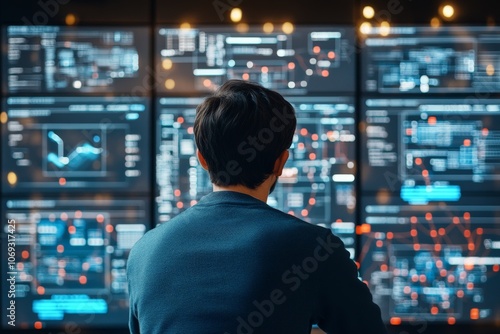 A man is focused on analyzing multiple futuristic digital data screens, highlighting technology, analytics, and human interaction with complex data systems.