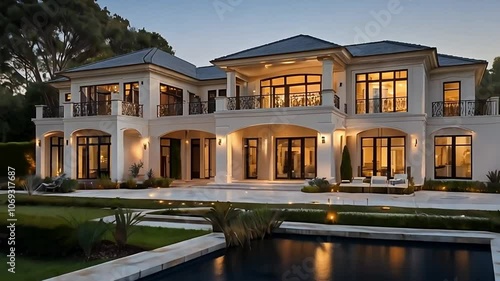 Cinematic view of a luxury home with pool