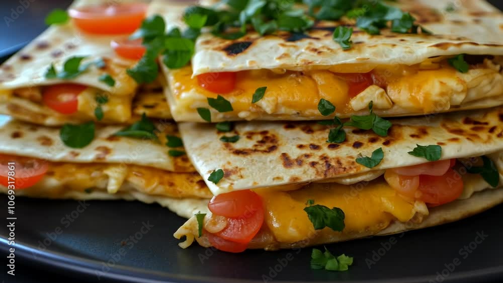 A close-up of a plate of cheesy quesadillas, garnished with fresh parsley and tomato slices A close-up of a plate of cheesy quesadillas, garnished with fresh parsley and tomato slices