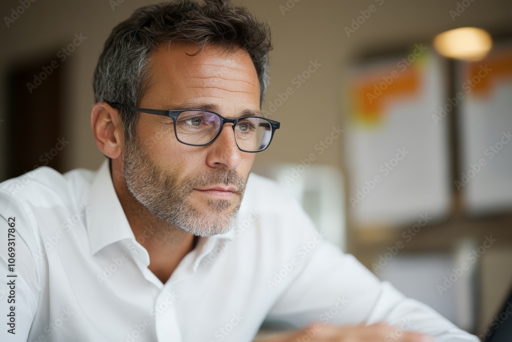 A middle-aged man wearing glasses intently focuses on computer work, embodying concentration and intelligence in a modern office environment. A middle-aged man wearing glasses intently focuses on computer work, embodying concentration and intelligence in a modern office environment.
