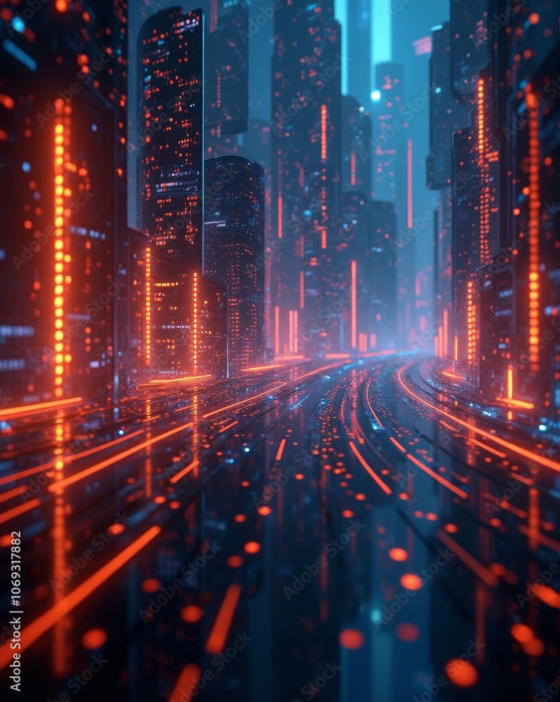 A glowing, futuristic city with neon lights and illuminated pathways in orange and blue, creating a high-tech, sci-fi atmosphere. A glowing, futuristic city with neon lights and illuminated pathways in orange and blue, creating a high-tech, sci-fi atmosphere.