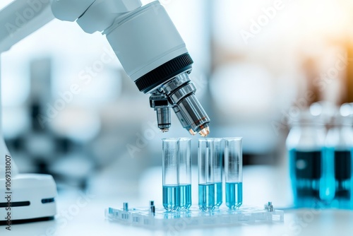 A close-up image captures a microscope examining test tubes filled with blue liquid, highlighting the meticulous nature of scientific research and experimentation.