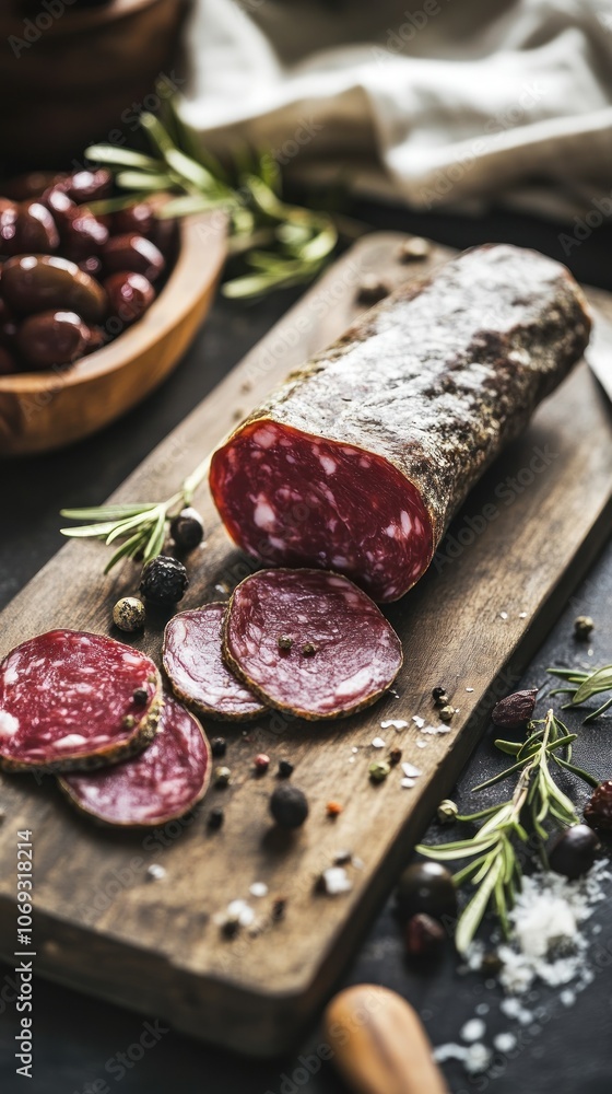 A rustic wooden board displays beautifully sliced salami alongside whole olives and fresh herbs emphasizing a culinary focus on quality farm meat products A rustic wooden board displays beautifully sliced salami alongside whole olives and fresh herbs emphasizing a culinary focus on quality farm meat products