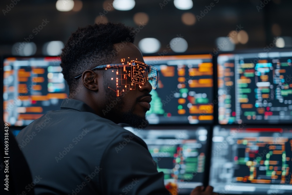 A focused individual wearing digital eyewear analyzes numerous digital screens, engaging in high-tech surveillance or data monitoring in a modern control room. A focused individual wearing digital eyewear analyzes numerous digital screens, engaging in high-tech surveillance or data monitoring in a modern control room.