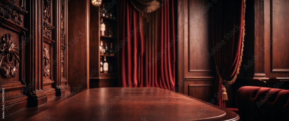Fototapeta premium Elegant wooden bar interior with rich curtains and shelves, upscale ambience