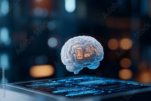 A digital brain holographically floats above a tablet displaying glowing data, symbolizing advanced technology and artificial intelligence-focused innovation. photo