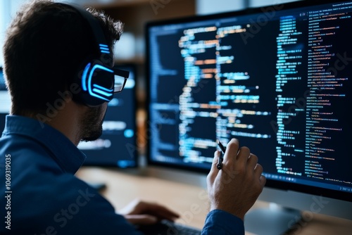 A programmer uses headphones while writing code on a large screen, expertly maneuvering through lines of colorful syntax in a high-tech setup.