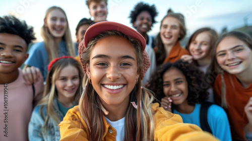 Diverse group of teens snapping a selfie