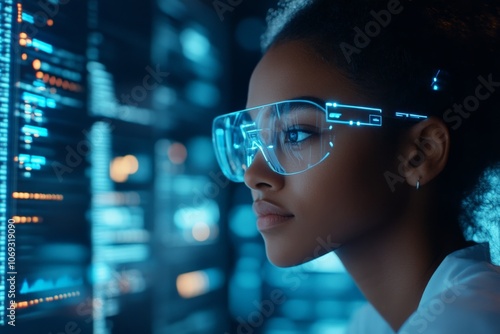 A young woman wearing advanced AR glasses examines digital data streams, highlighting technology and innovation in a futuristic environment.