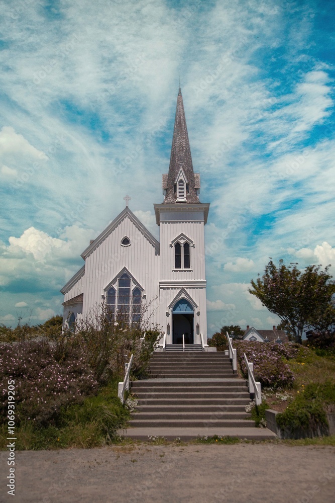 Old wooden iconic one room church in Mendocino California Old wooden iconic one room church in Mendocino California