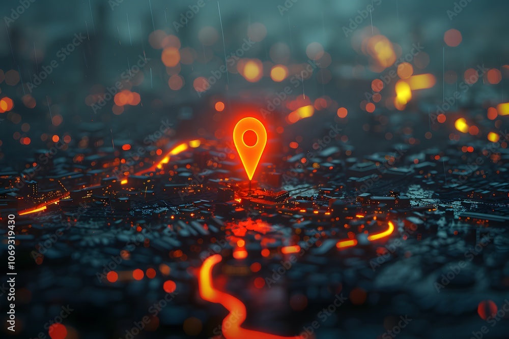 Futuristic Cityscape with Glowing Location Pin in a Rainy Atmosphere Futuristic Cityscape with Glowing Location Pin in a Rainy Atmosphere