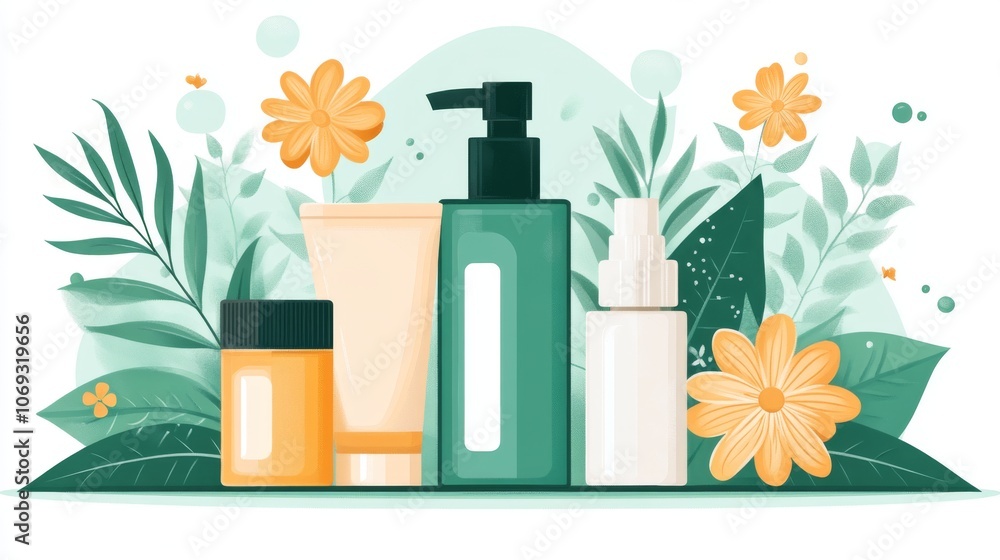 Fresh and minimalist skincare bottle set with orange flowers and lush greenery representing beauty wellness and rejuvenation in a clean nature inspired design Fresh and minimalist skincare bottle set with orange flowers and lush greenery representing beauty wellness and rejuvenation in a clean nature inspired design