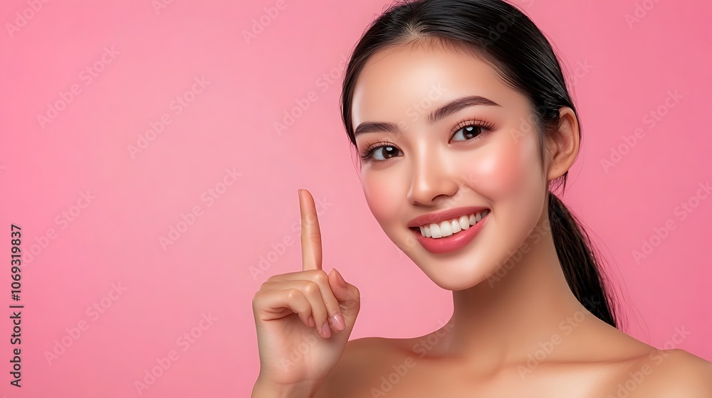 women doing advertisement. pointing one finger to copy space women doing advertisement. pointing one finger to copy space