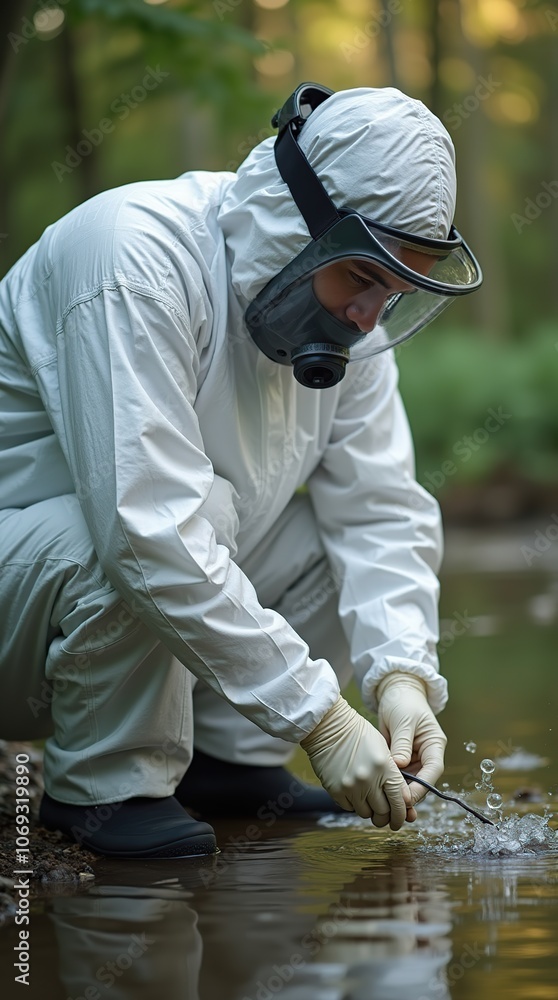 Scientist in protective gear collects water sample in nature Scientist in protective gear collects water sample in nature