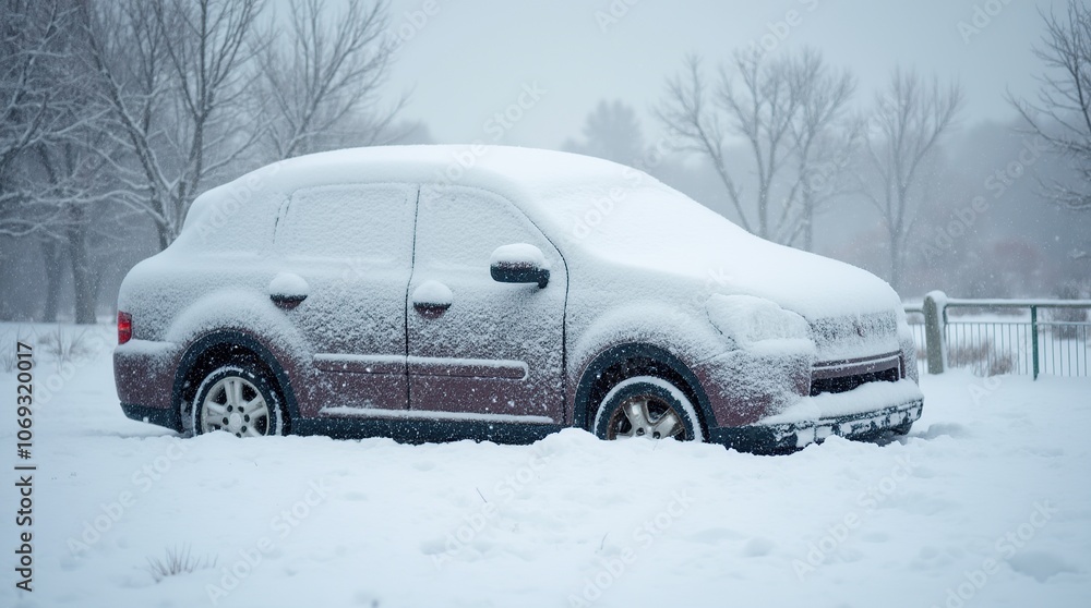 Cars under heavy snow in a winter landscape setting Cars under heavy snow in a winter landscape setting