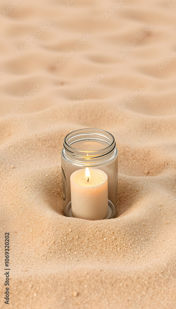 The glass jar with handmade candle on the sandy background isolated with white highlights, png The glass jar with handmade candle on the sandy background isolated with white highlights, png