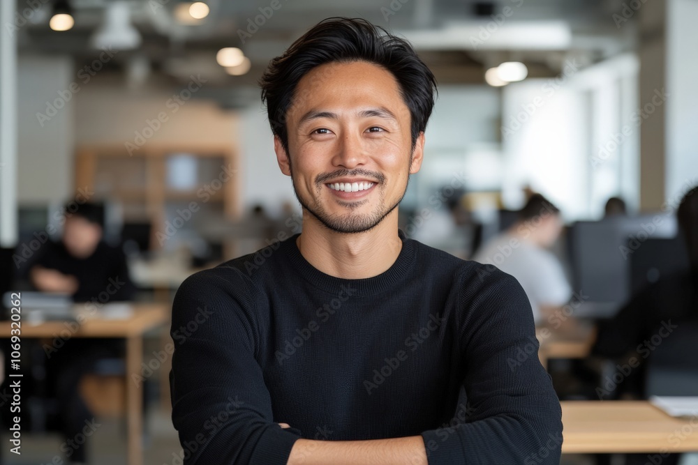 A confident and smiling individual standing with arms crossed in a bright and collaborative office environment, representing teamwork and success. A confident and smiling individual standing with arms crossed in a bright and collaborative office environment, representing teamwork and success.