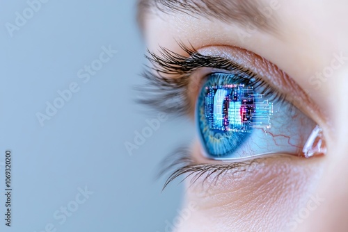 Inventive AI eye with a digital interface displaying the intersection of biotechnology and the stock market in the future