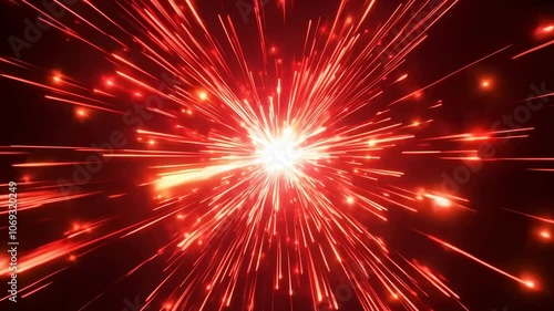 A radiating red starburst. A bright red point of light explosively expanding into a fiery starburst, sending glowing red rays outward. Abstract pattern, texture.