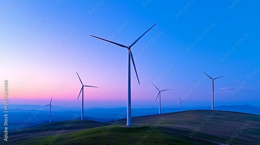 Sunset Wind Turbine Farm Concept with a Clean and Futuristic Landscape Sunset Wind Turbine Farm Concept with a Clean and Futuristic Landscape