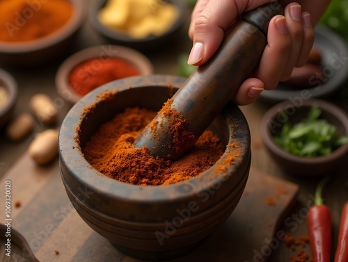 Close up of hand grinding spices in a mortar and pestle