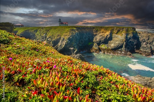 Point Cabrillo lighthouse with ice plant in forground, at Cape Cabrillo Light Station State Historic Park, near Mendocino, CA.