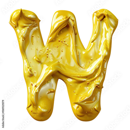 Yellow Mustard Texture 3D Alphabet 'W' l Funny 3D Sauce Feeling Letter 'W' l Cute and Fun Capital Letter Transparent Background photo