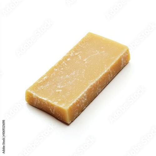 A single piece of Parmesan cheese, made in Italy, sits on a white background.