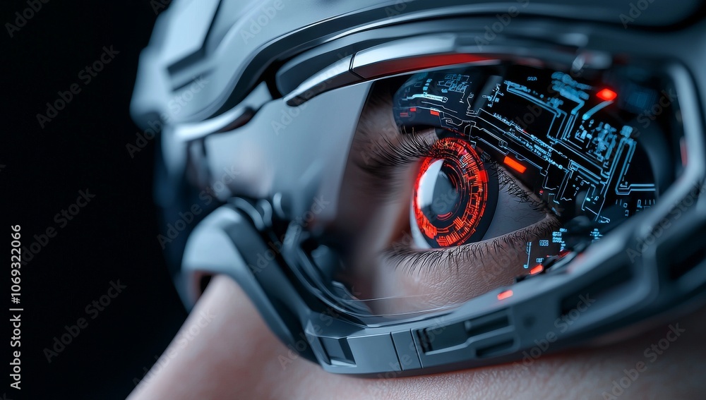 Fototapeta premium Detailed image of a bionic eye on a human head