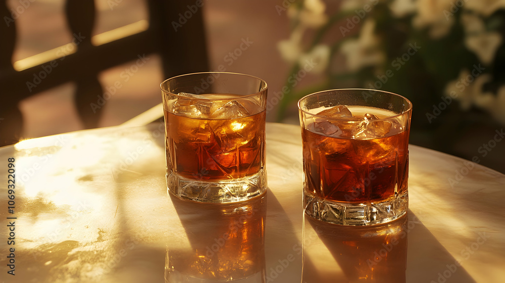 Aesthetic Alcohol Setup: Two glasses of drink on a table, bathed in soft sunlight. Aesthetic Alcohol Setup: Two glasses of drink on a table, bathed in soft sunlight.