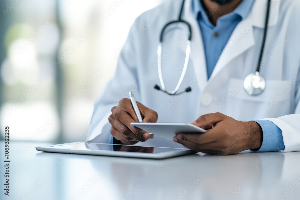 A medical professional in a white coat uses a digital tablet to efficiently manage health records, symbolizing technology's impact on modern healthcare. A medical professional in a white coat uses a digital tablet to efficiently manage health records, symbolizing technology's impact on modern healthcare.