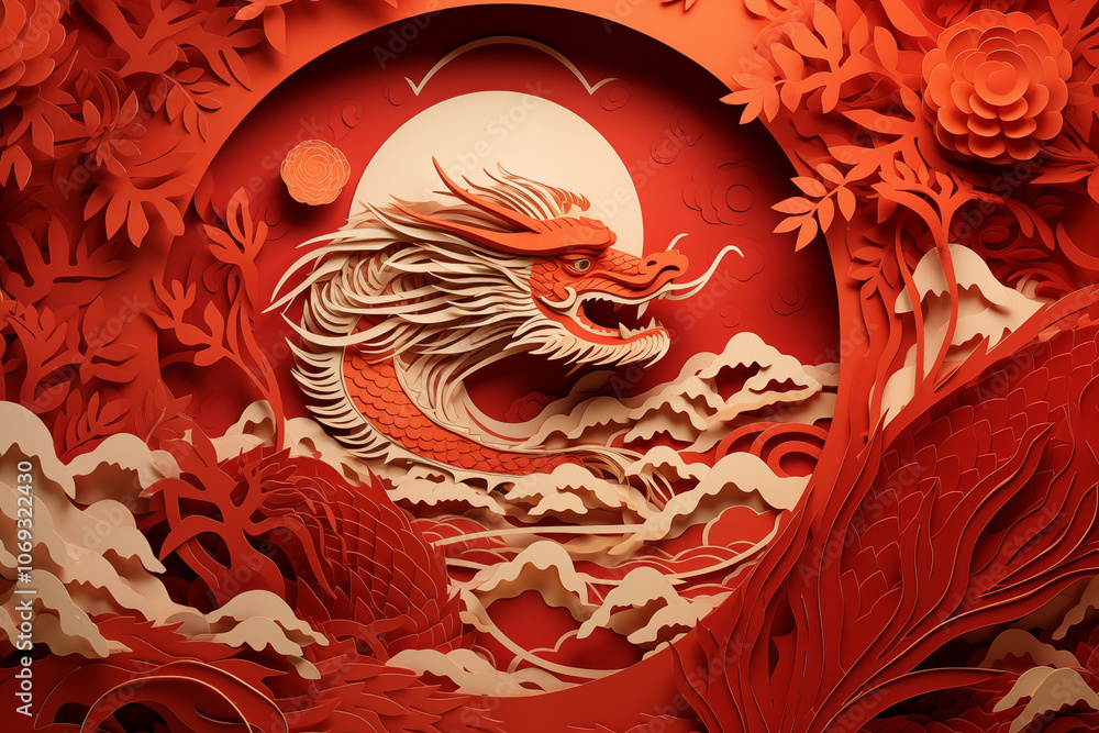 A stunning paper art representation of a dragon, intricately designed with red and beige tones, creating a striking visual. Perfect for cultural and artistic themes. A stunning paper art representation of a dragon, intricately designed with red and beige tones, creating a striking visual. Perfect for cultural and artistic themes.