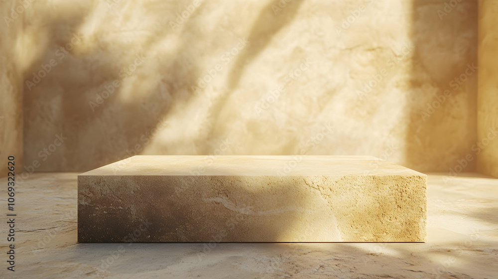 Beige Stone Podium: Light beige podium with a blurred background and sunlight shadows. Beige Stone Podium: Light beige podium with a blurred background and sunlight shadows.