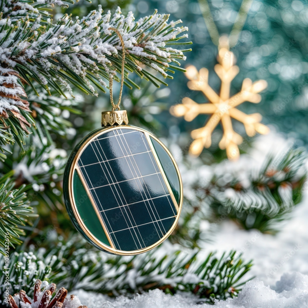 Solar panel Christmas ornament on snowy pine branch with golden snowflake decoration in winter