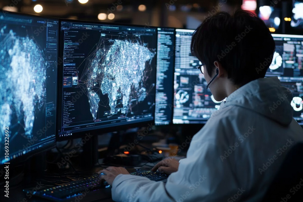 A data analyst multitasking on complex software systems is seen deeply focused on multiple screens, representing the intricate network of global information processing today. A data analyst multitasking on complex software systems is seen deeply focused on multiple screens, representing the intricate network of global information processing today.