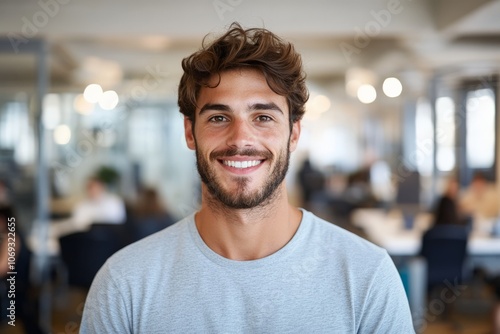 A cheerful man stands in an open and modern office space, with a bright smile, denoting friendliness and a welcoming professional environment with a vibrant atmosphere.