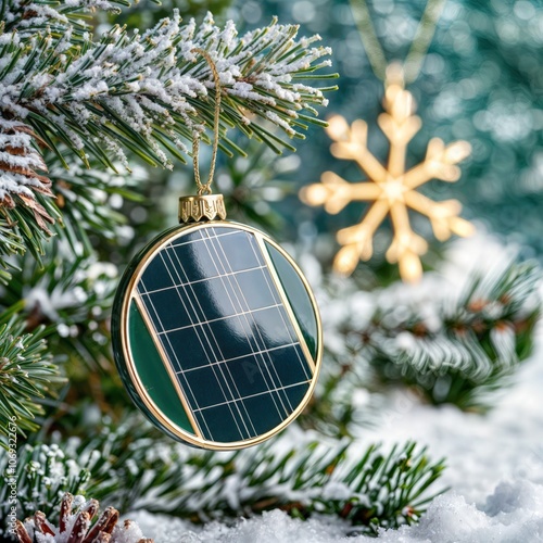 Obraz na płótnie Solar panel Christmas ornament on snowy pine branch with golden snowflake decoration in winter
w salonie