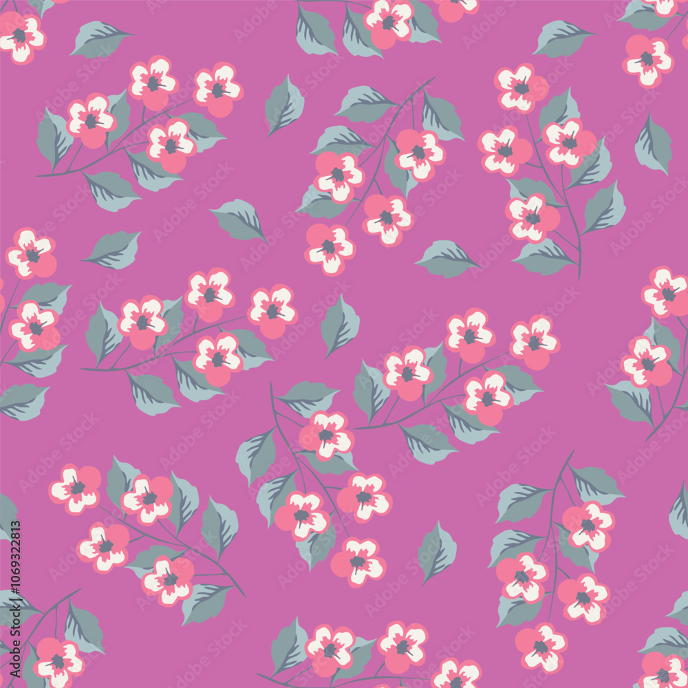 Seamless floral pattern, cute ditsy print with small pink flowers, leaves on purple background. Pretty botanical design for fabric, paper and other surfaces. Vector illustration. Seamless floral pattern, cute ditsy print with small pink flowers, leaves on purple background. Pretty botanical design for fabric, paper and other surfaces. Vector illustration.