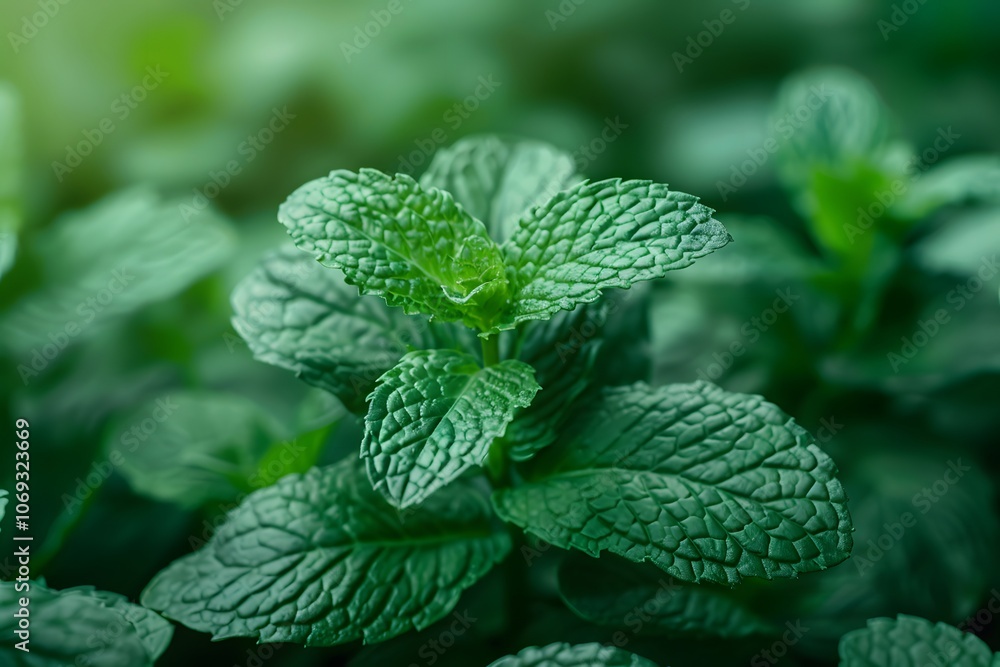 Lush Green Mint Leaves Glimmering in Natural Light Lush Green Mint Leaves Glimmering in Natural Light