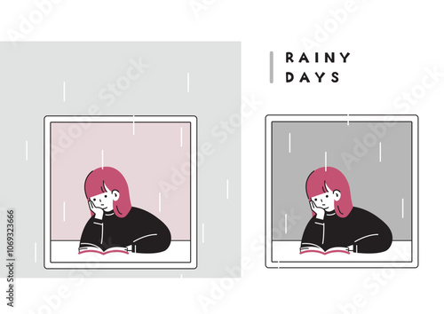 雨の日に窓際で本を読む女性