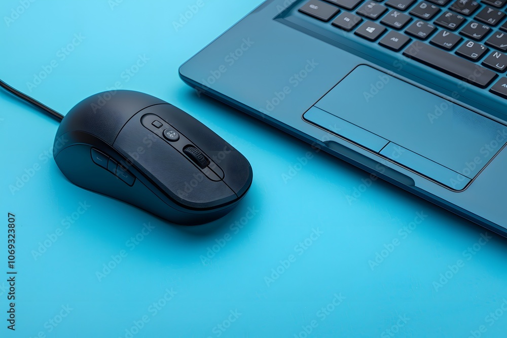 Sleek Black Mouse Next to a Modern Laptop on a Vibrant Blue Background Sleek Black Mouse Next to a Modern Laptop on a Vibrant Blue Background
