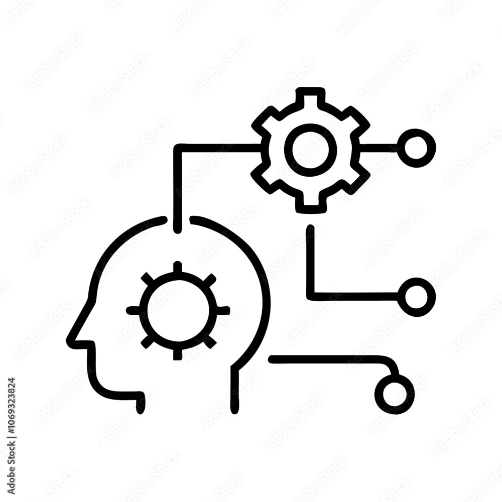 AI algorithm illustration with gears and head outline on white background AI algorithm illustration with gears and head outline on white background