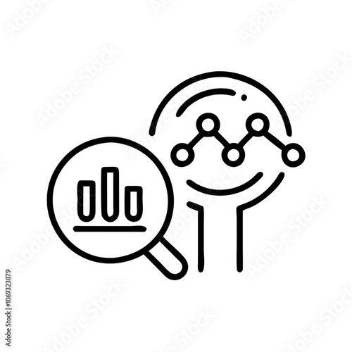 AI analytics illustration with data chart and magnifying glass on white background
