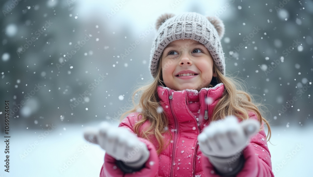 Young Girl in a Pink Jacket and Knitted Hat Joyfully Playing in a Snowy Landscape, Catching Snowflakes and Exploring the Winter Wonderland of Snowfall, Trees, and Family Fun Young Girl in a Pink Jacket and Knitted Hat Joyfully Playing in a Snowy Landscape, Catching Snowflakes and Exploring the Winter Wonderland of Snowfall, Trees, and Family Fun